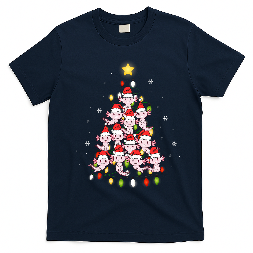 Axolotl Kawaii Christmas Tree Lights Pajama Xmas Tree T-Shirt - Navy Blue