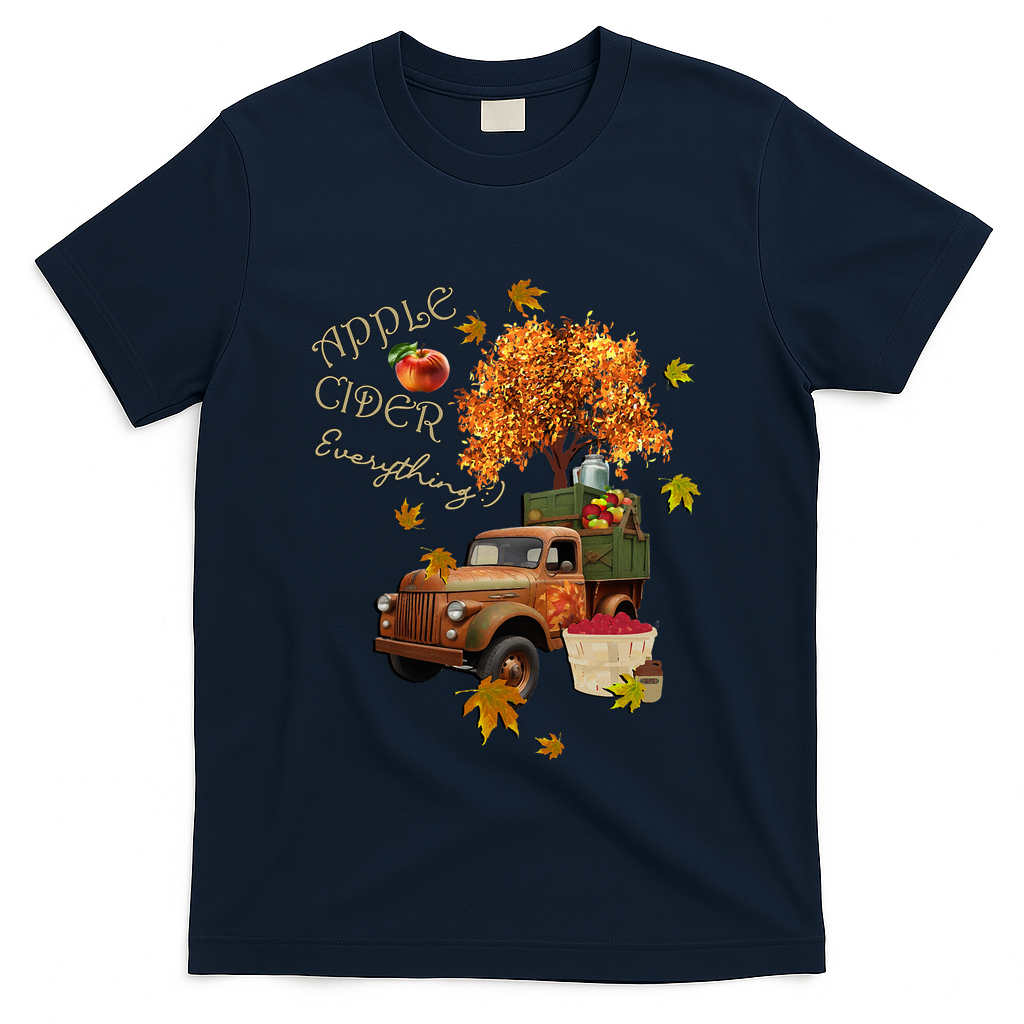 Autumn Leaves and Truck Design Apple Cider Everything Fall T-Shirt - Navy