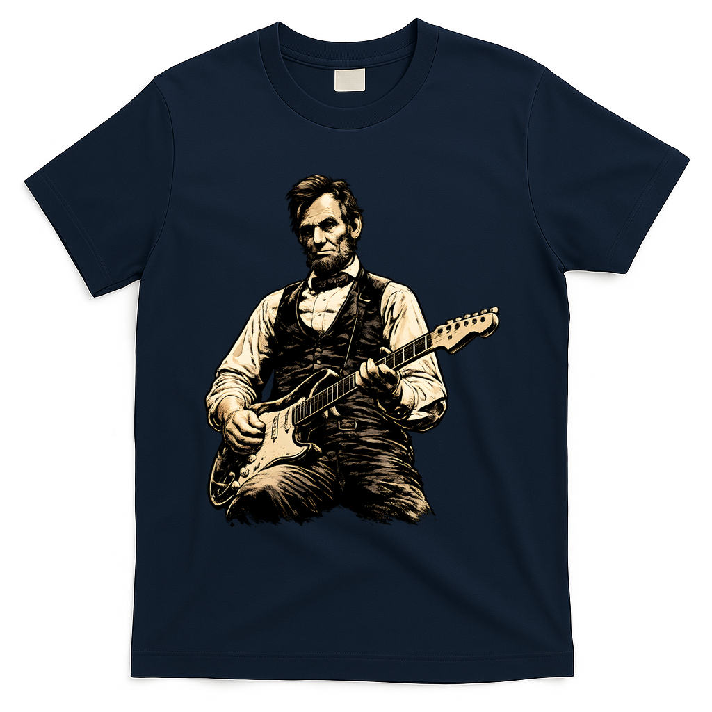 Abraham Lincoln Abe Playing Guitar Vintage T-Shirt - Navy