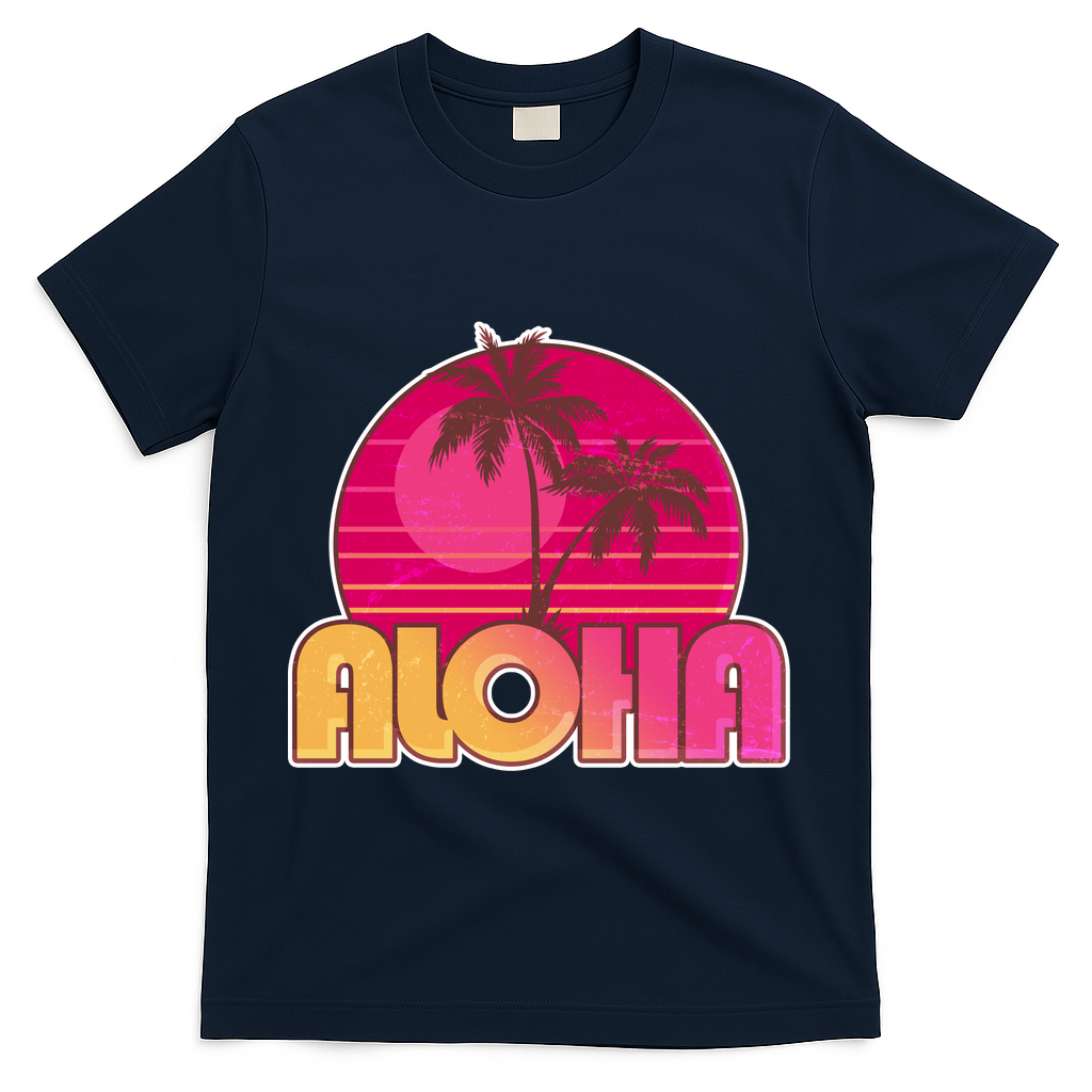 Retro Aloha Summer Fun Pink Logo T-Shirt - Navy