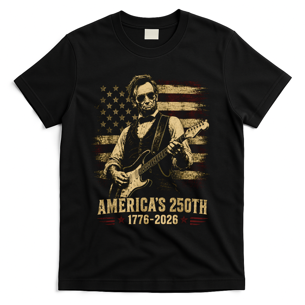 Abraham Lincoln Rocking Out for America's 250th Celebration T-Shirt - Black