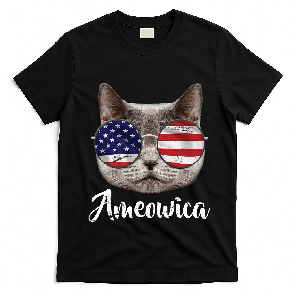 Ameowica America USA Cat Sunglasses Flag T-Shirt