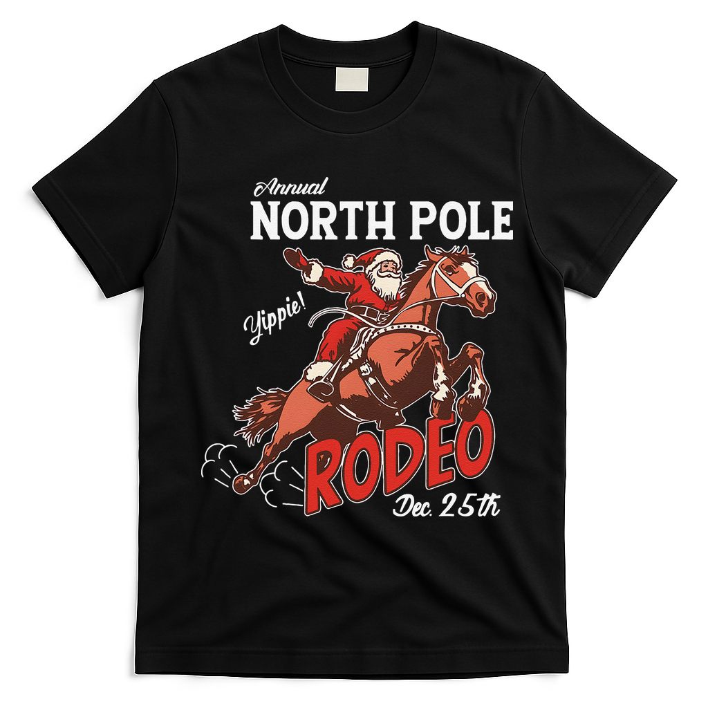 Annual North Pole Rodeo Western Christmas Cowboy Santa T-Shirt - Black