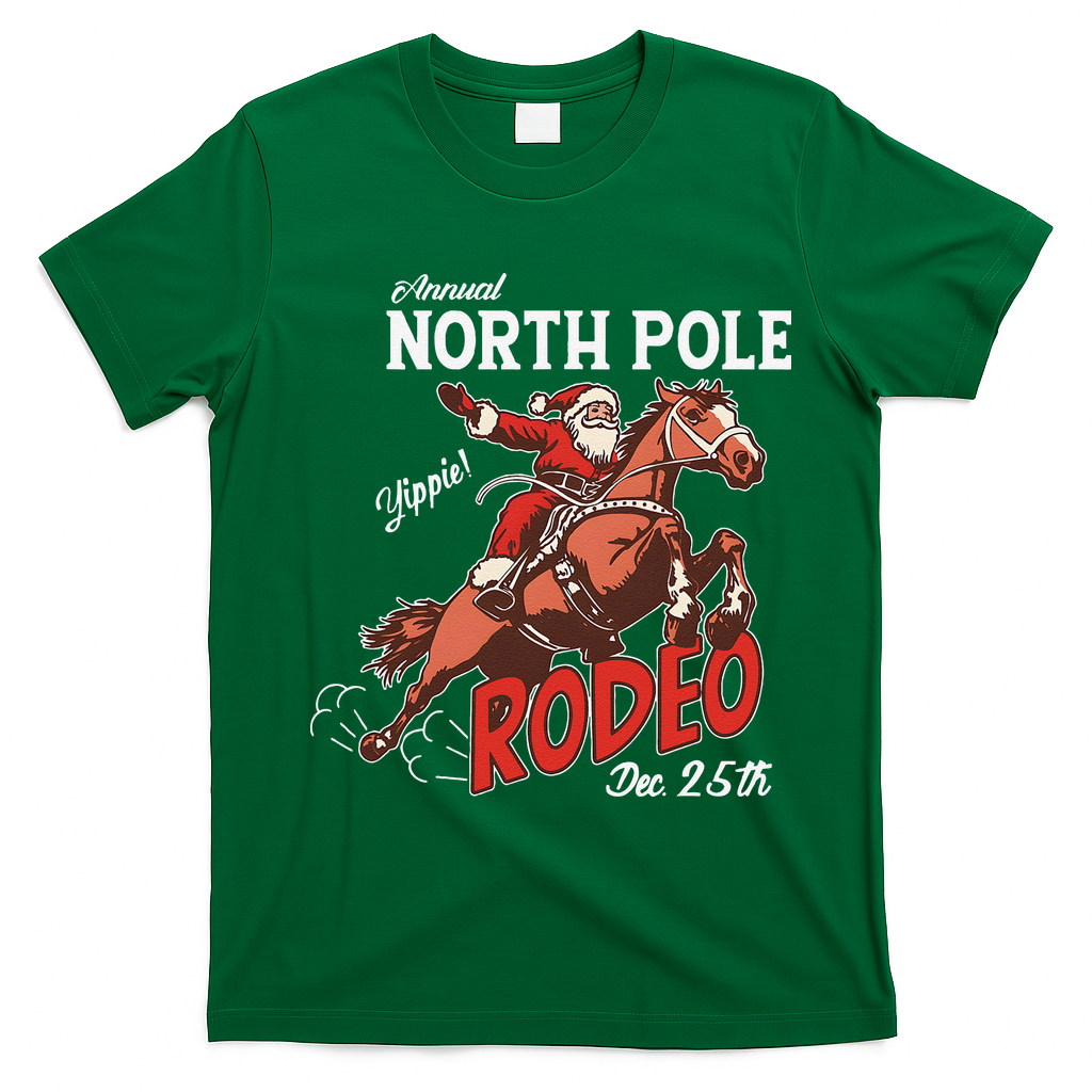 Annual North Pole Rodeo Western Christmas Cowboy Santa T-Shirt - Irish Green