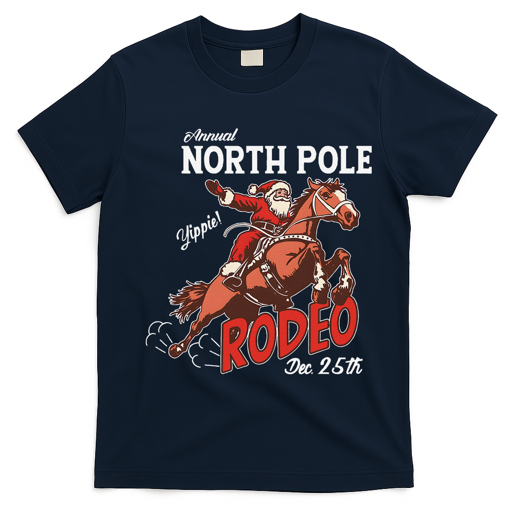 Annual North Pole Rodeo Western Christmas Cowboy Santa T-Shirt - Navy Blue