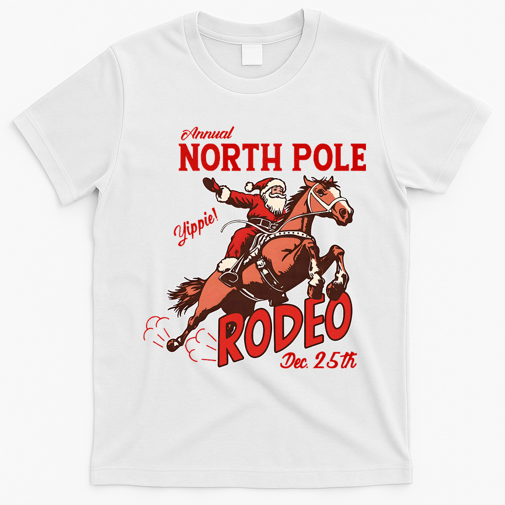 Annual North Pole Rodeo Western Christmas Cowboy Santa T-Shirt - White