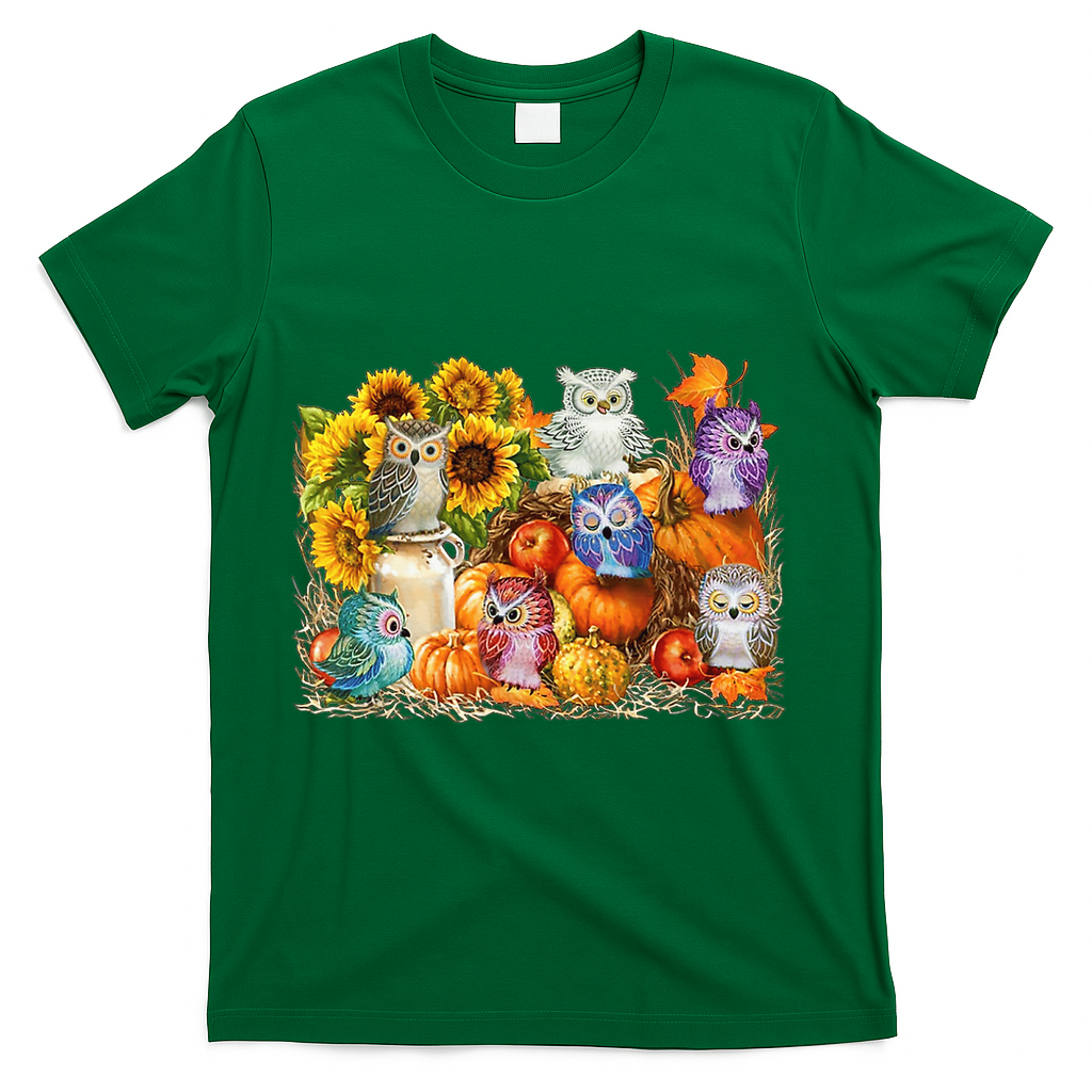 Autumn Owl Sunflower Pumpkin Halloween Costume T-Shirt - Green
