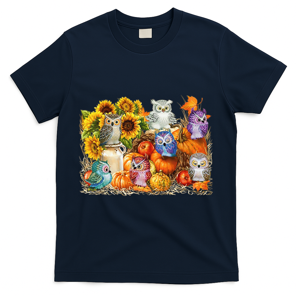 Autumn Owl Sunflower Pumpkin Halloween Costume T-Shirt - Navy