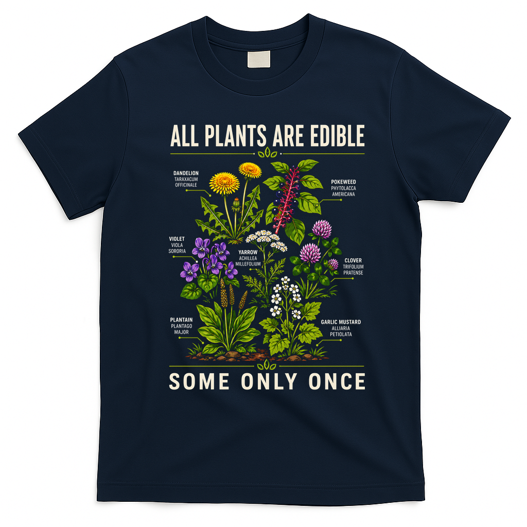 All Plants Are Edible Nature Lover's Botanical Guide T-Shirt - Navy Blue