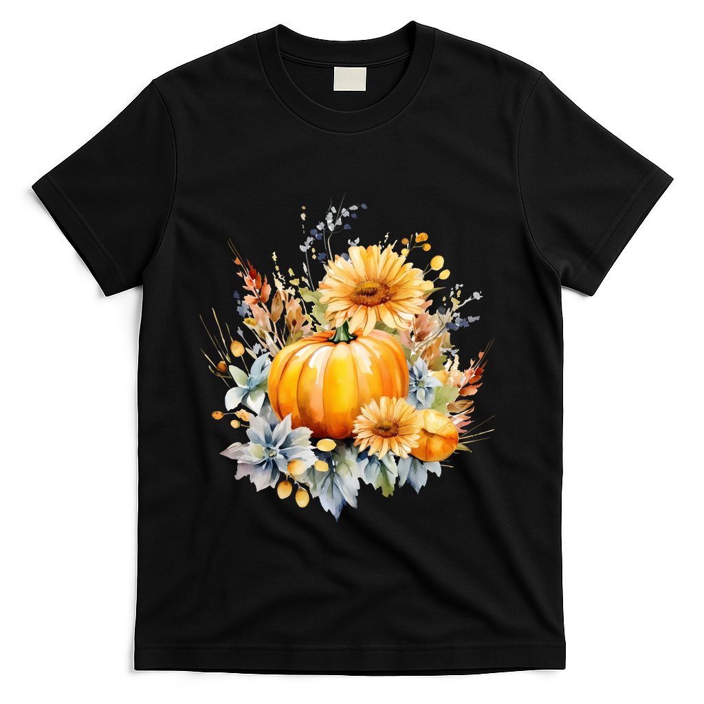 Autumn Pumpkin Cute Floral Halloween T-Shirt - Black