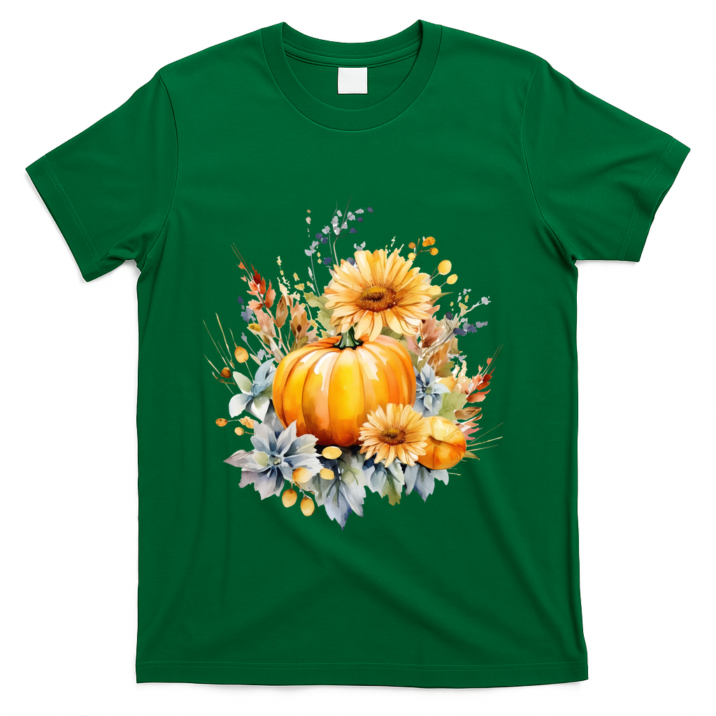 Autumn Pumpkin Cute Floral Halloween T-Shirt - Green