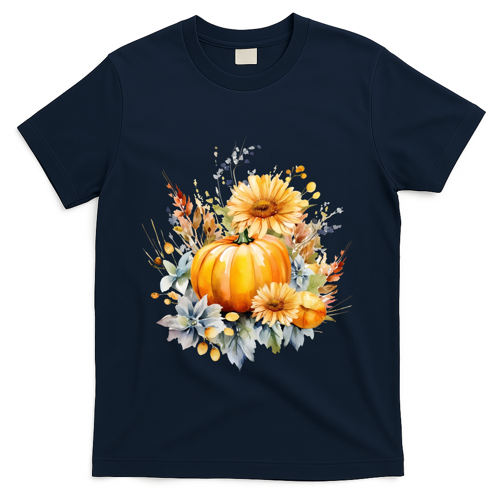 Autumn Pumpkin Cute Floral Halloween T-Shirt - Navy