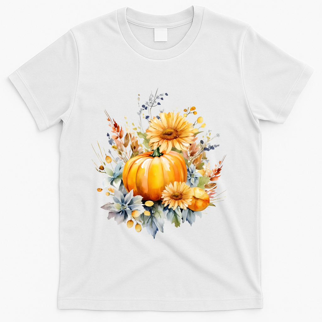Autumn Pumpkin Cute Floral Halloween T-Shirt - White