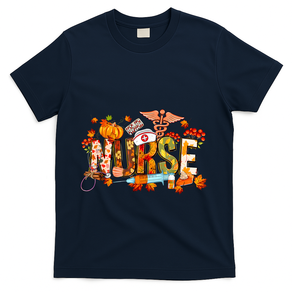 Autumn Pumpkin Fall Nurse Life Thanksgiving Nurseautumn Pumpkin Fall Nurse Life T-Shirt - Navy