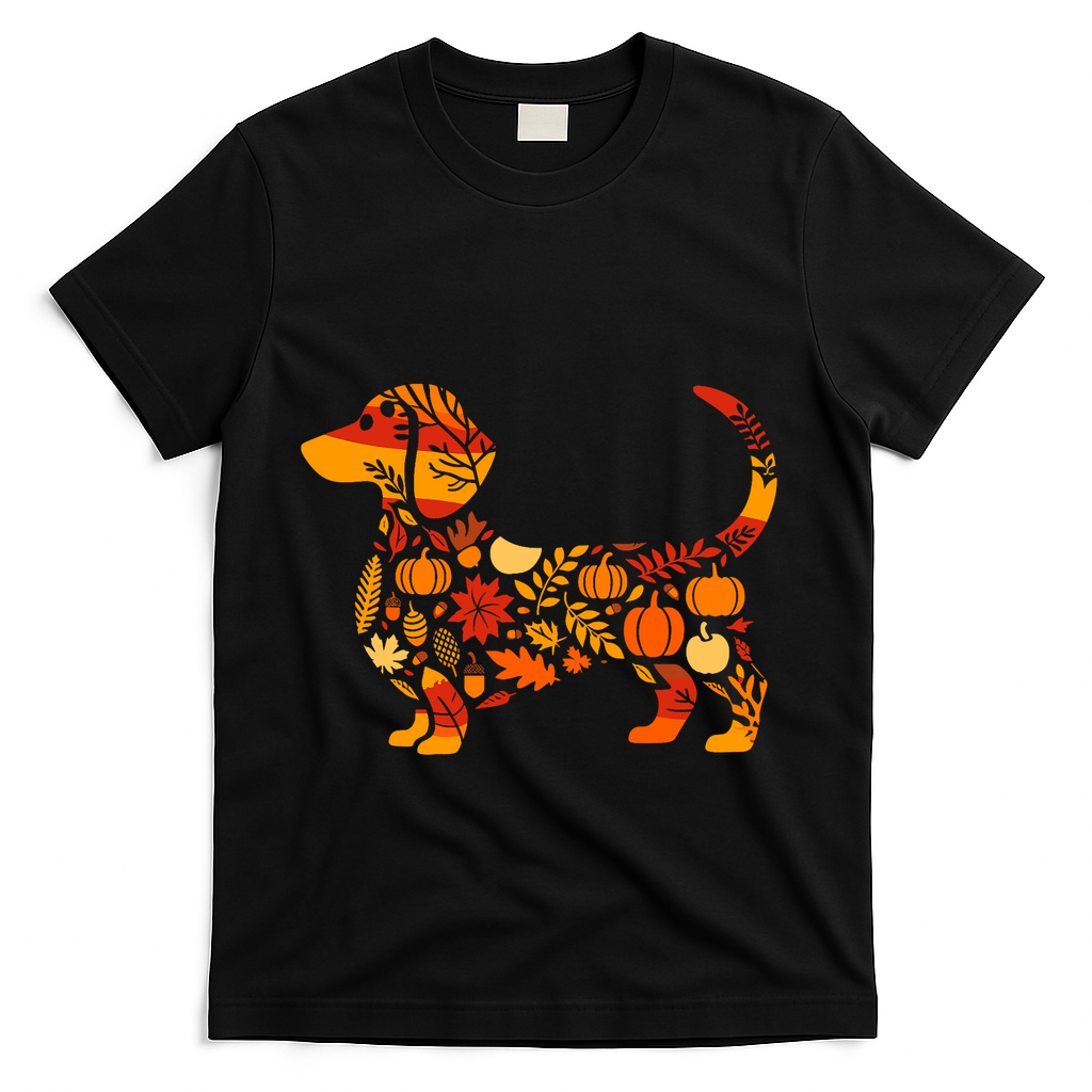 Autumn Pumpkin Fall Dachshund Thanksgiving T-Shirt - Black