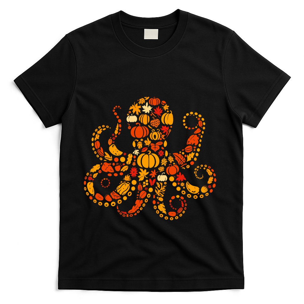 Autumn Pumpkin Fall Octopus Thanksgiving T-Shirt - Black