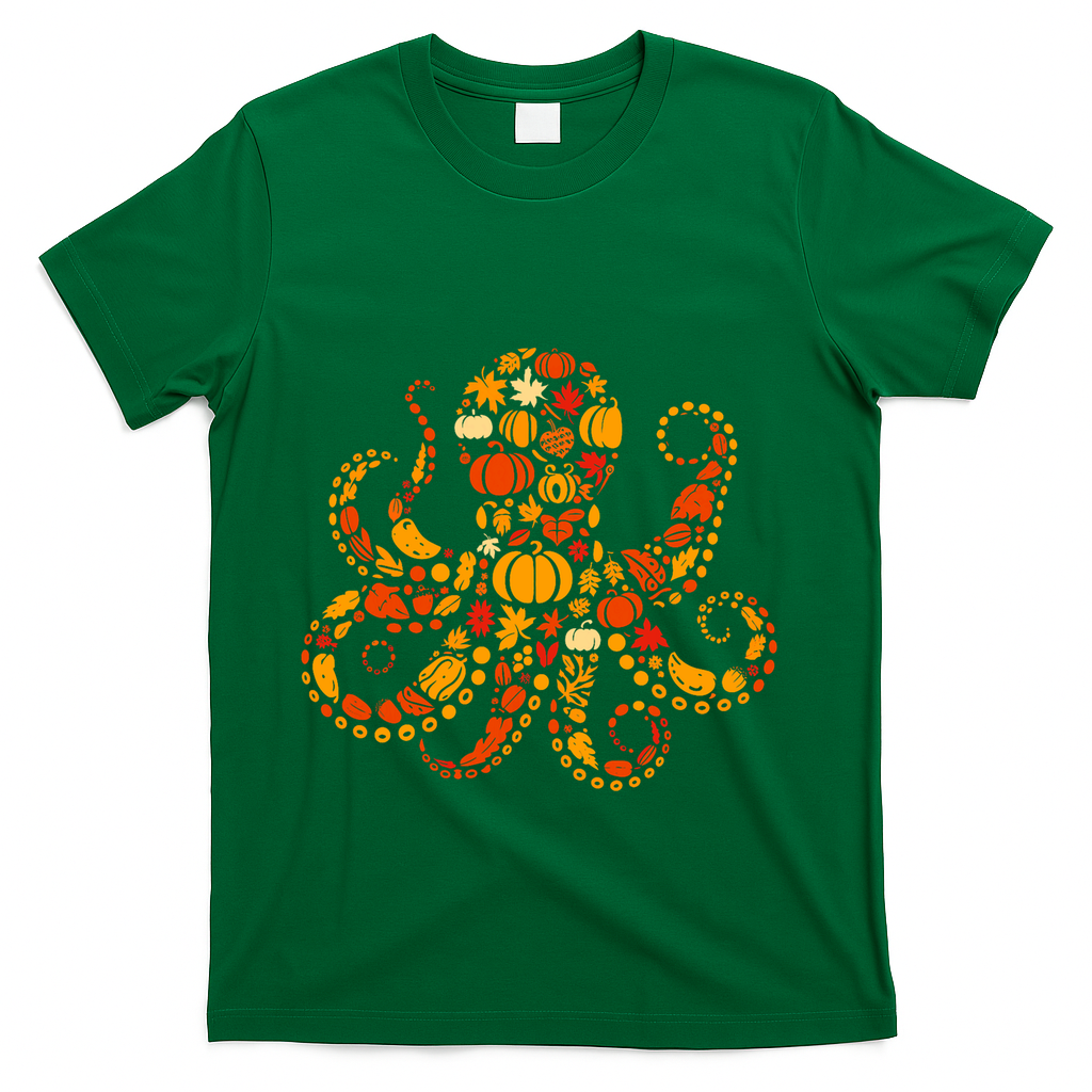 Autumn Pumpkin Fall Octopus Thanksgiving T-Shirt - Green