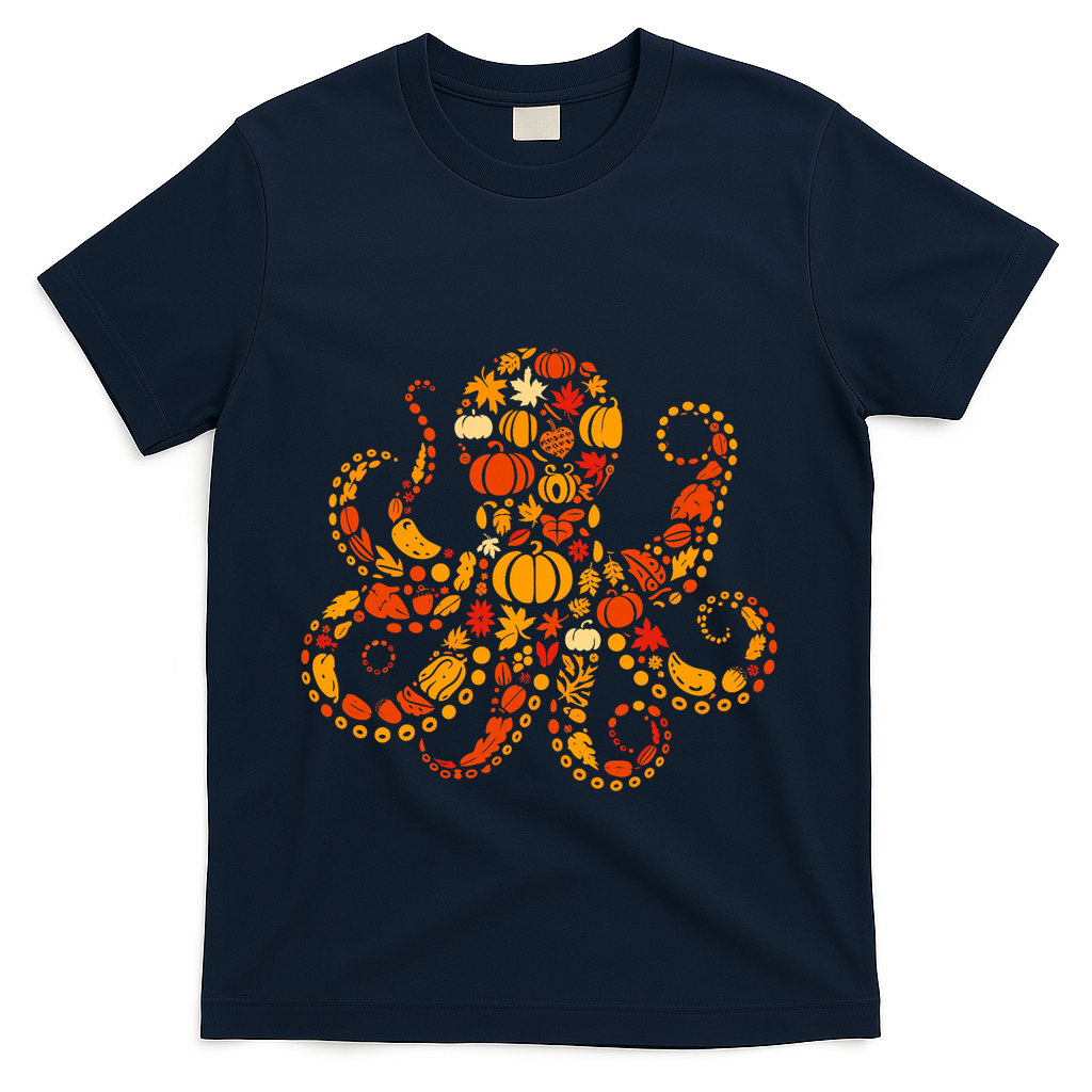 Autumn Pumpkin Fall Octopus Thanksgiving T-Shirt - Navy