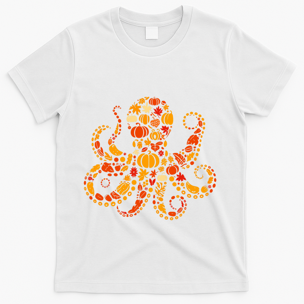 Autumn Pumpkin Fall Octopus Thanksgiving T-Shirt - White