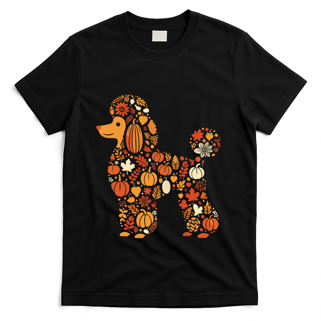 Autumn Pumpkin Fall Poodle Thanksgiving Dog T-Shirt - Black
