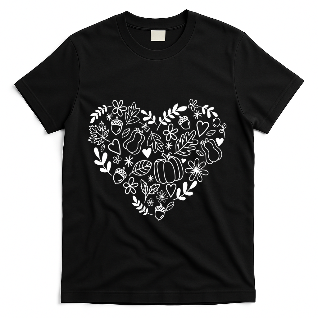 Autumn Pumpkin Fall Lover Heart Gift T-Shirt - Black