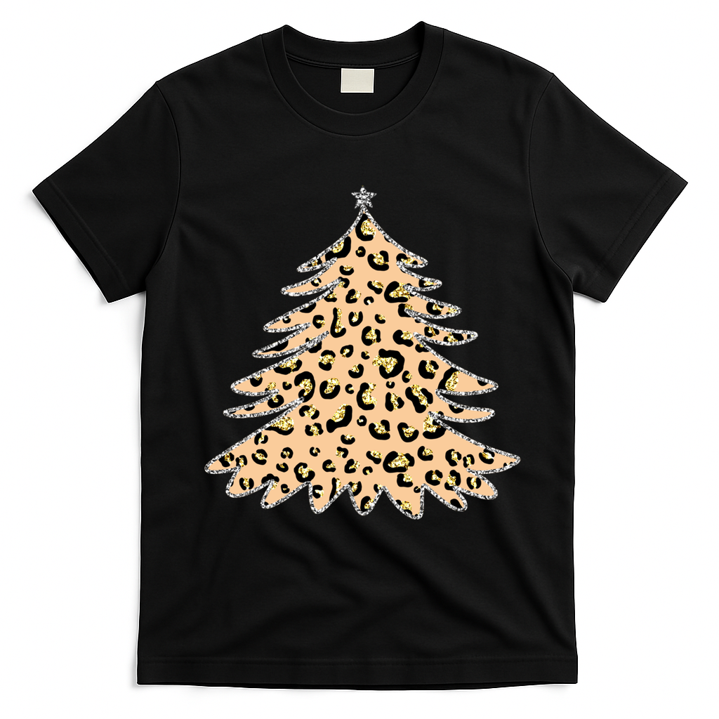 Animal Print Minimalist Christmas Tree T-Shirt - Black