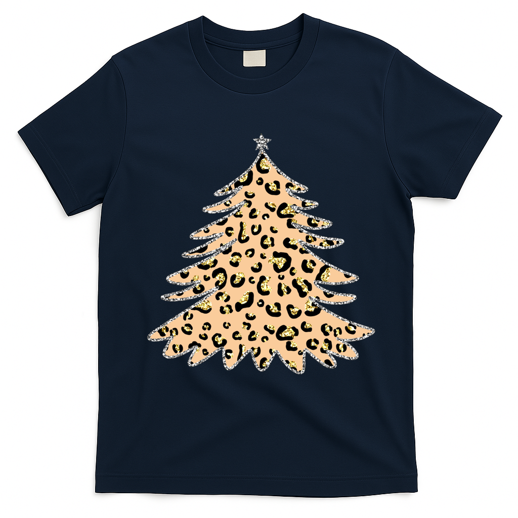 Animal Print Minimalist Christmas Tree T-Shirt - Navy Blue