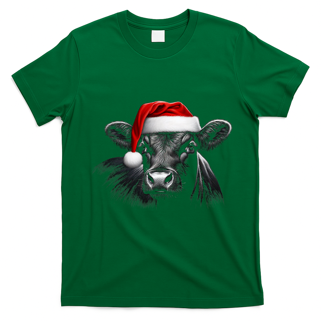Angus Rancher Christmas Cow Santa Hat Black T-Shirt - Irish Green