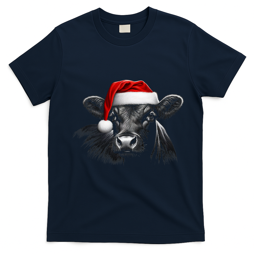 Angus Rancher Christmas Cow Santa Hat Black T-Shirt - Navy Blue