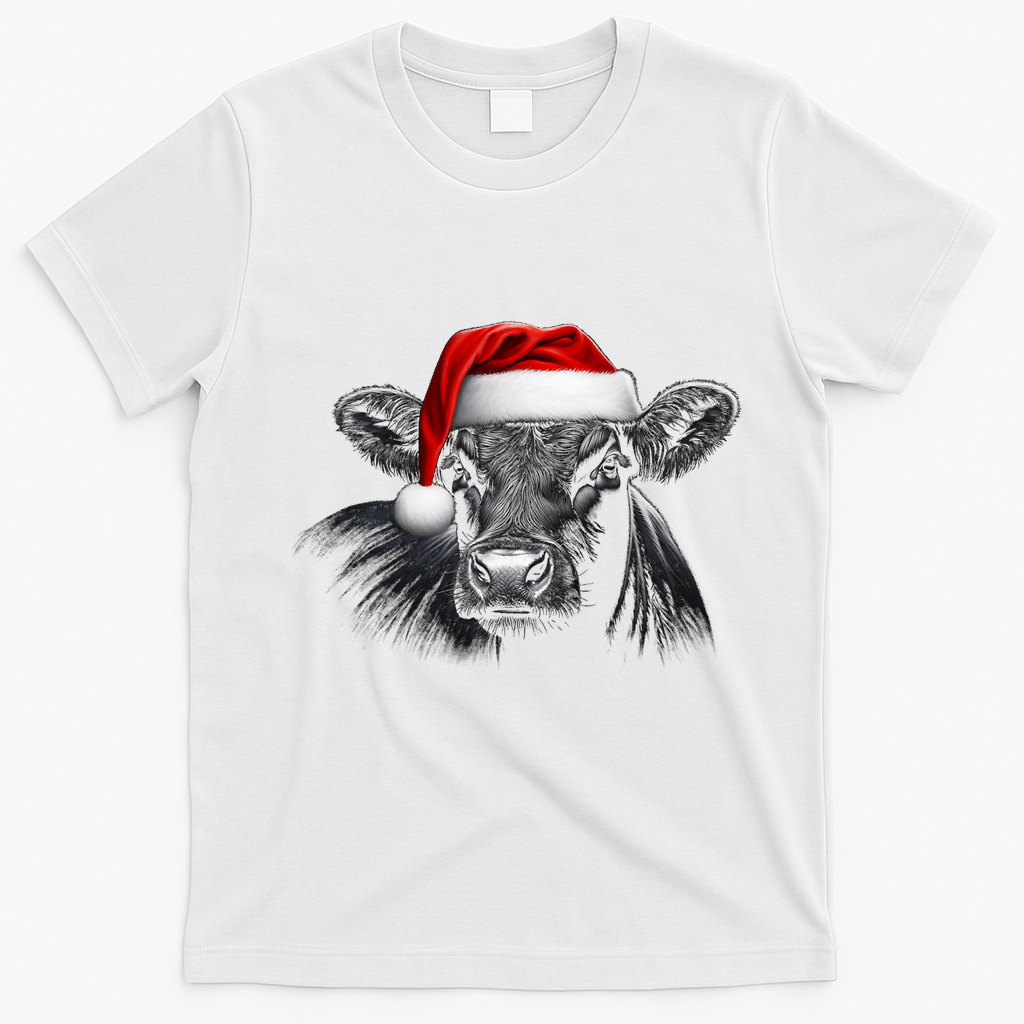 Angus Rancher Christmas Cow Santa Hat Black T-Shirt - White