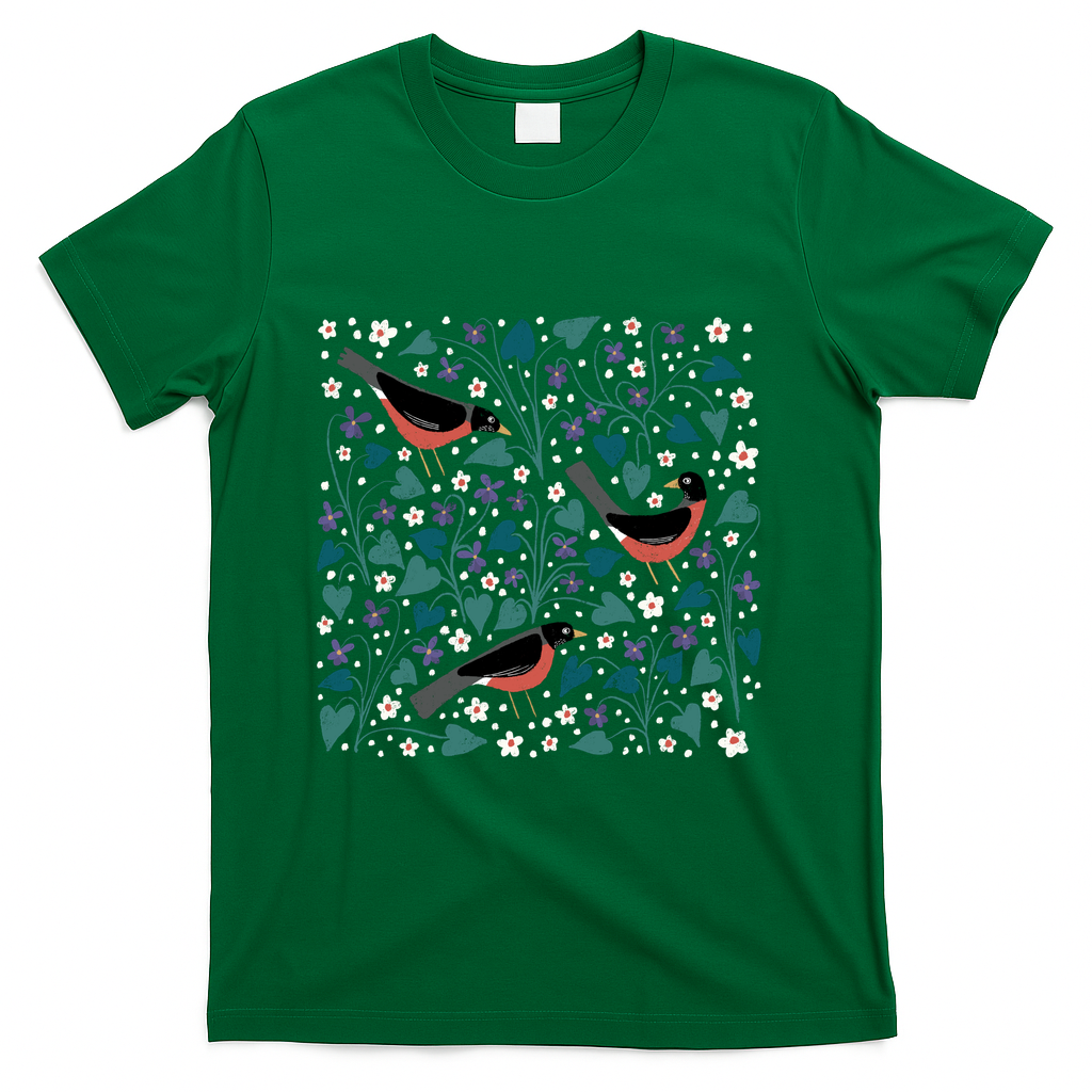 American Robin Violet Anemone Birds and Flowers Blue - Green