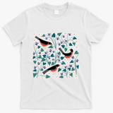 American Robin Violet Anemone Birds and Flowers Blue - White