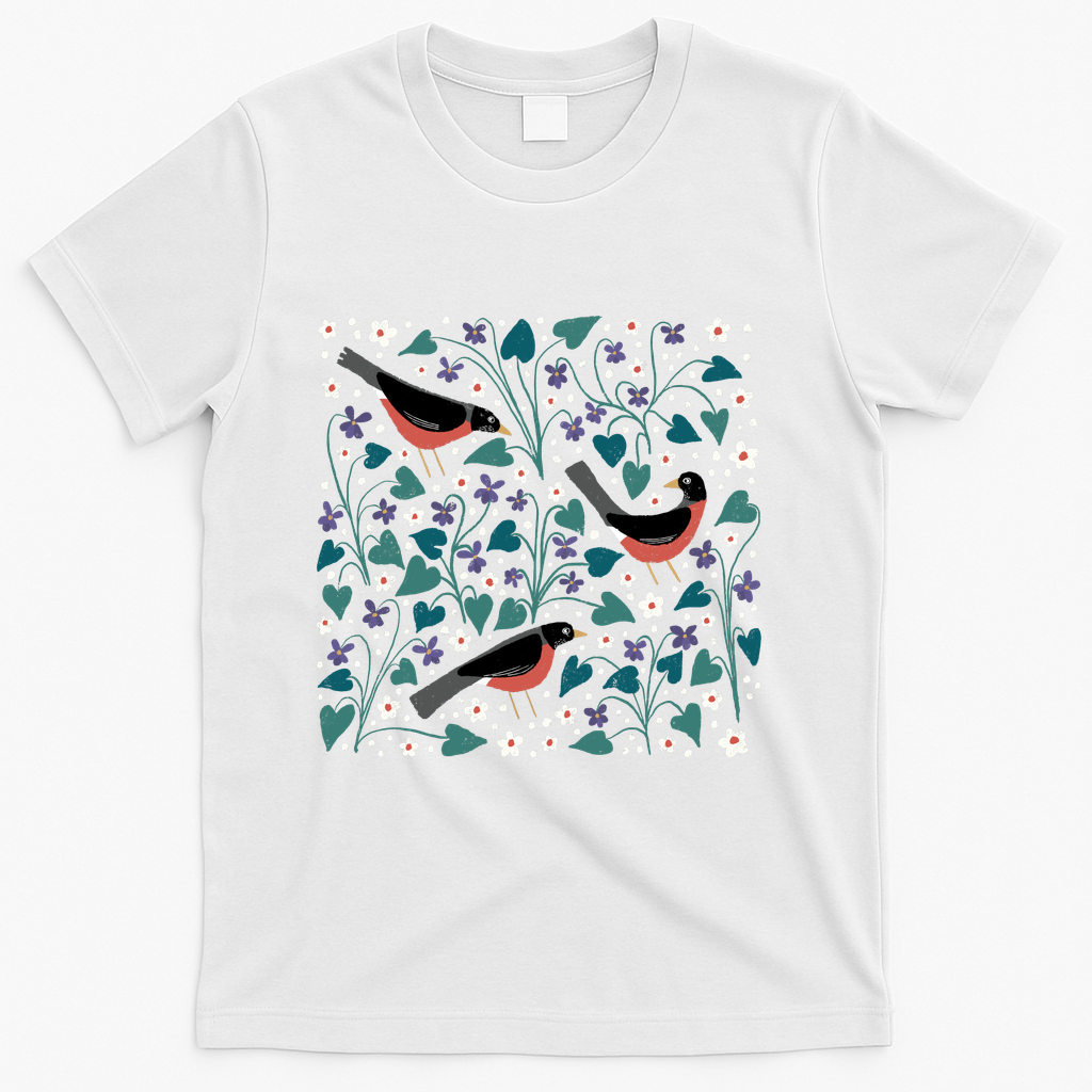American Robin Violet Anemone Birds and Flowers Blue - White