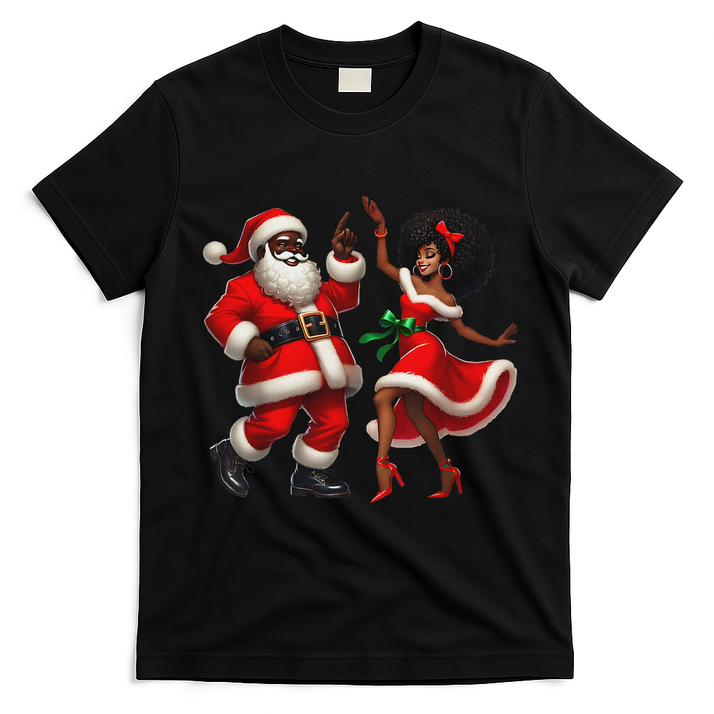 African Santa Mrs Claus Dancing African American Christmas T-Shirt - Black