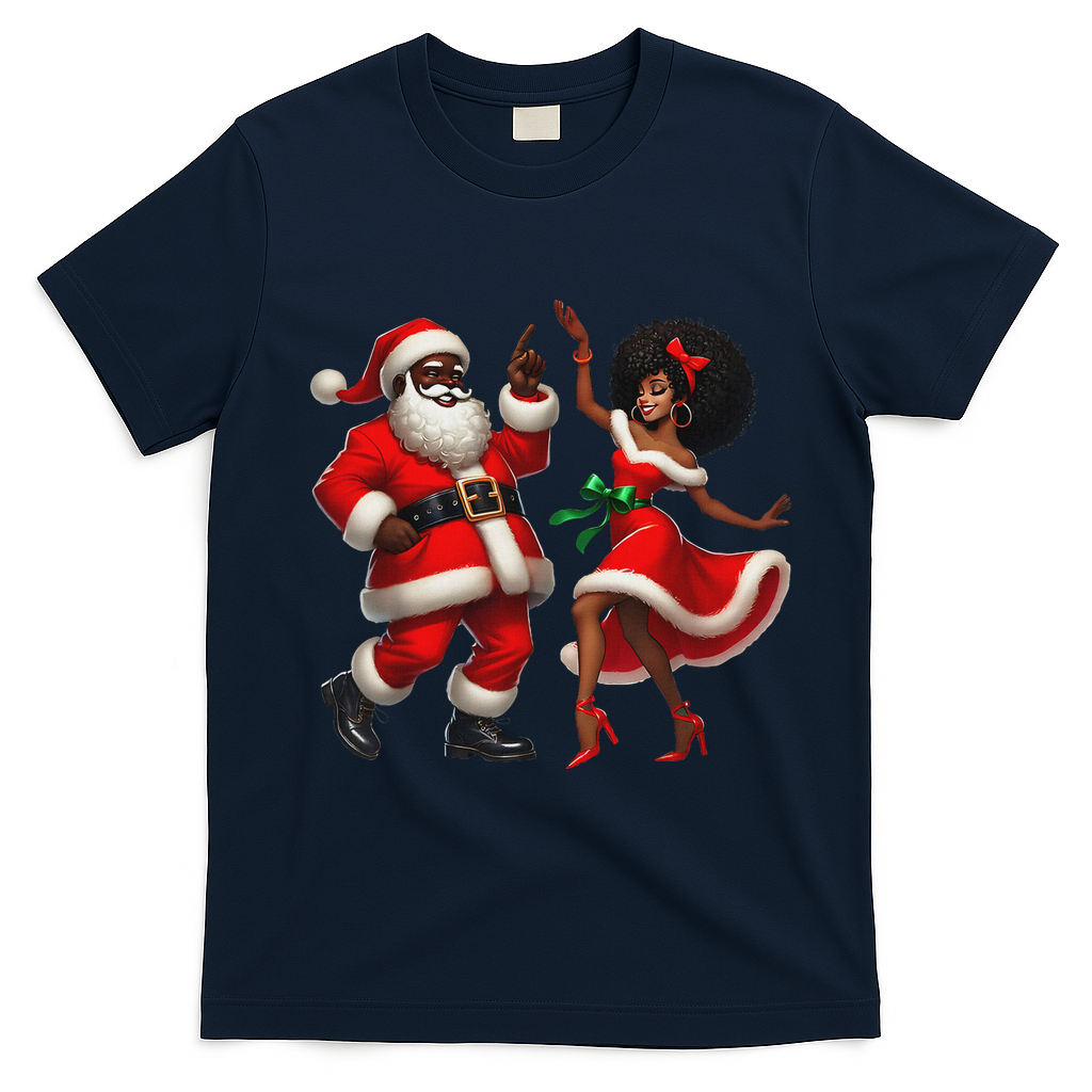 African Santa Mrs Claus Dancing African American Christmas T-Shirt - Navy Blue