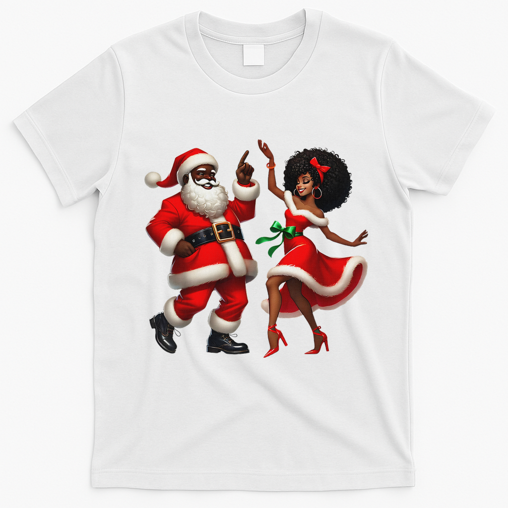 African Santa Mrs Claus Dancing African American Christmas T-Shirt - White