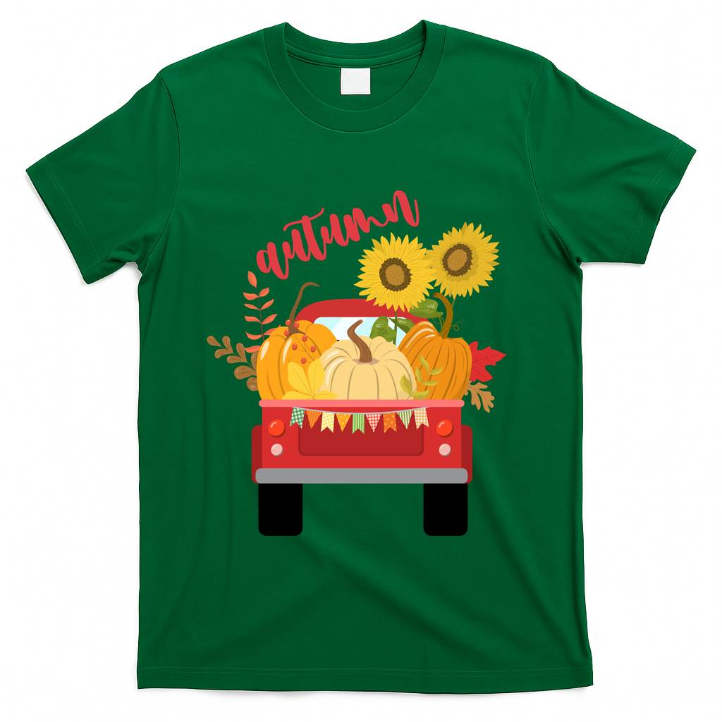 Autumn Sunflower Pumpkin Vintage Truck T-Shirt - Green