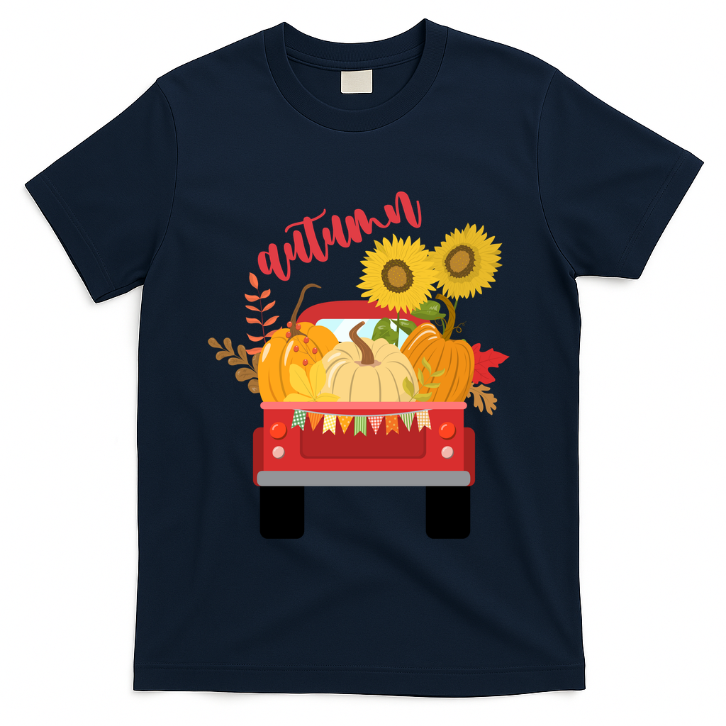Autumn Sunflower Pumpkin Vintage Truck T-Shirt - Navy
