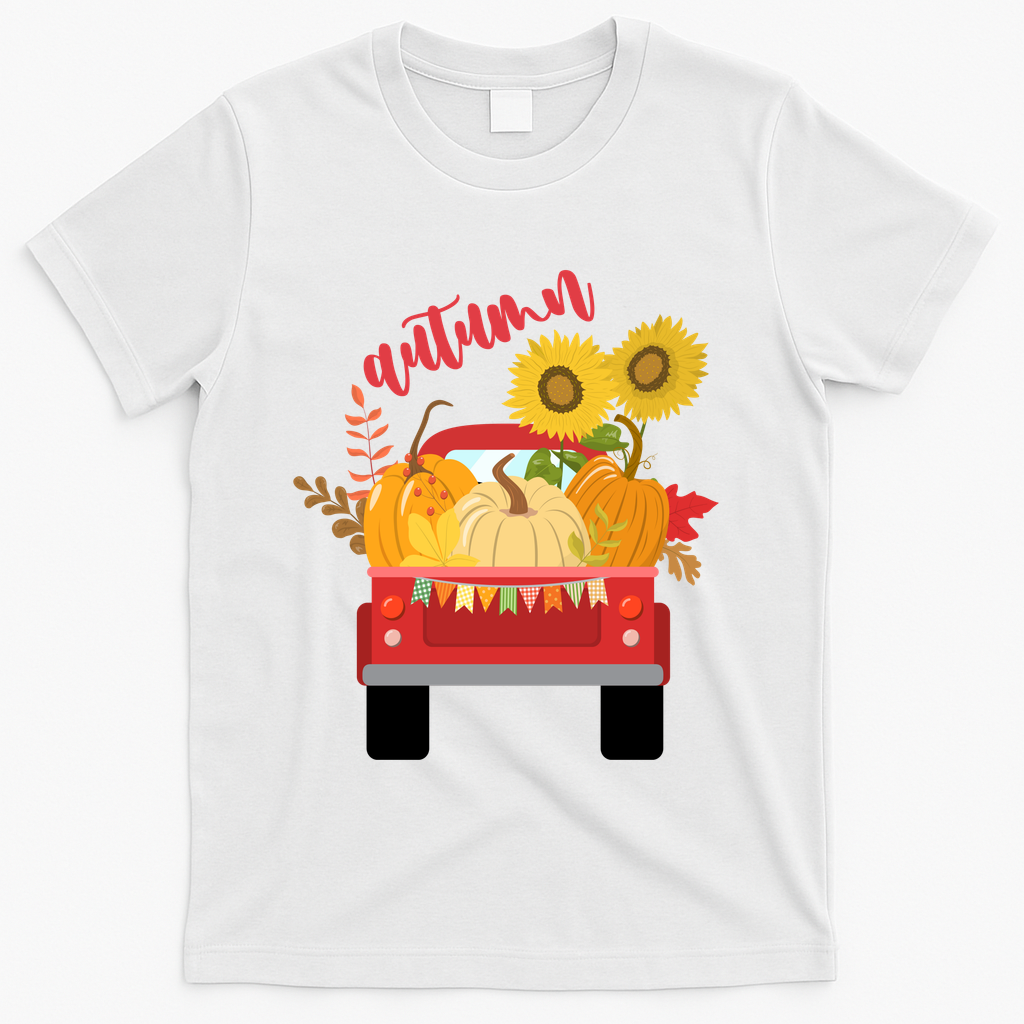 Autumn Sunflower Pumpkin Vintage Truck T-Shirt - White