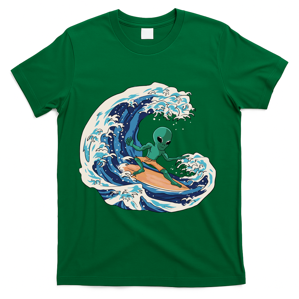 Alien Surfing Summer Surfer T-Shirt - Green