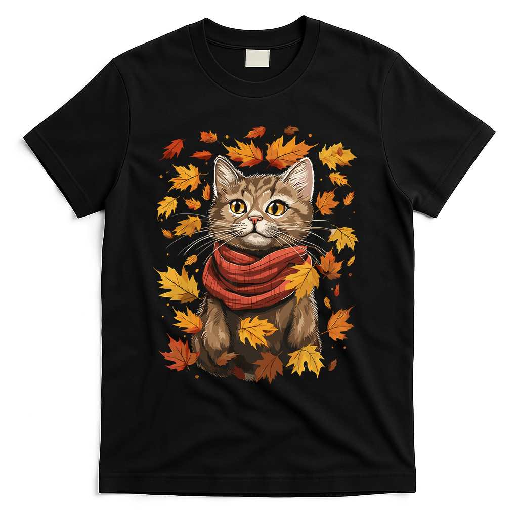Autumn Themed Cute Cat Fall Breeze Kitten Cat Lover T-Shirt - Black