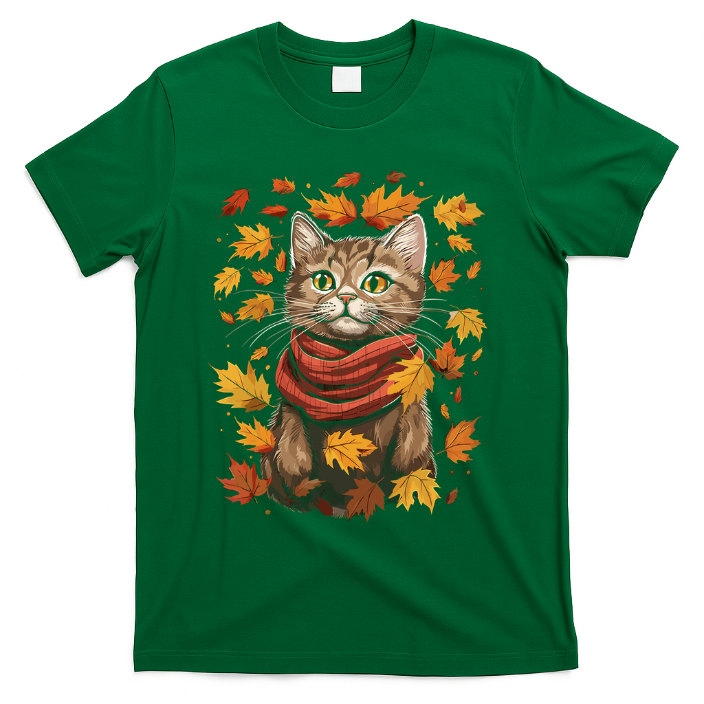 Autumn Themed Cute Cat Fall Breeze Kitten Cat Lover T-Shirt - Green