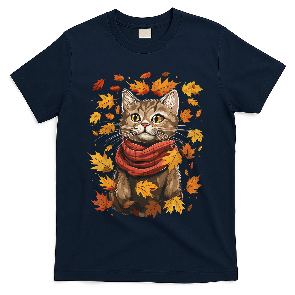 Autumn Themed Cute Cat Fall Breeze Kitten Cat Lover T-Shirt - Navy
