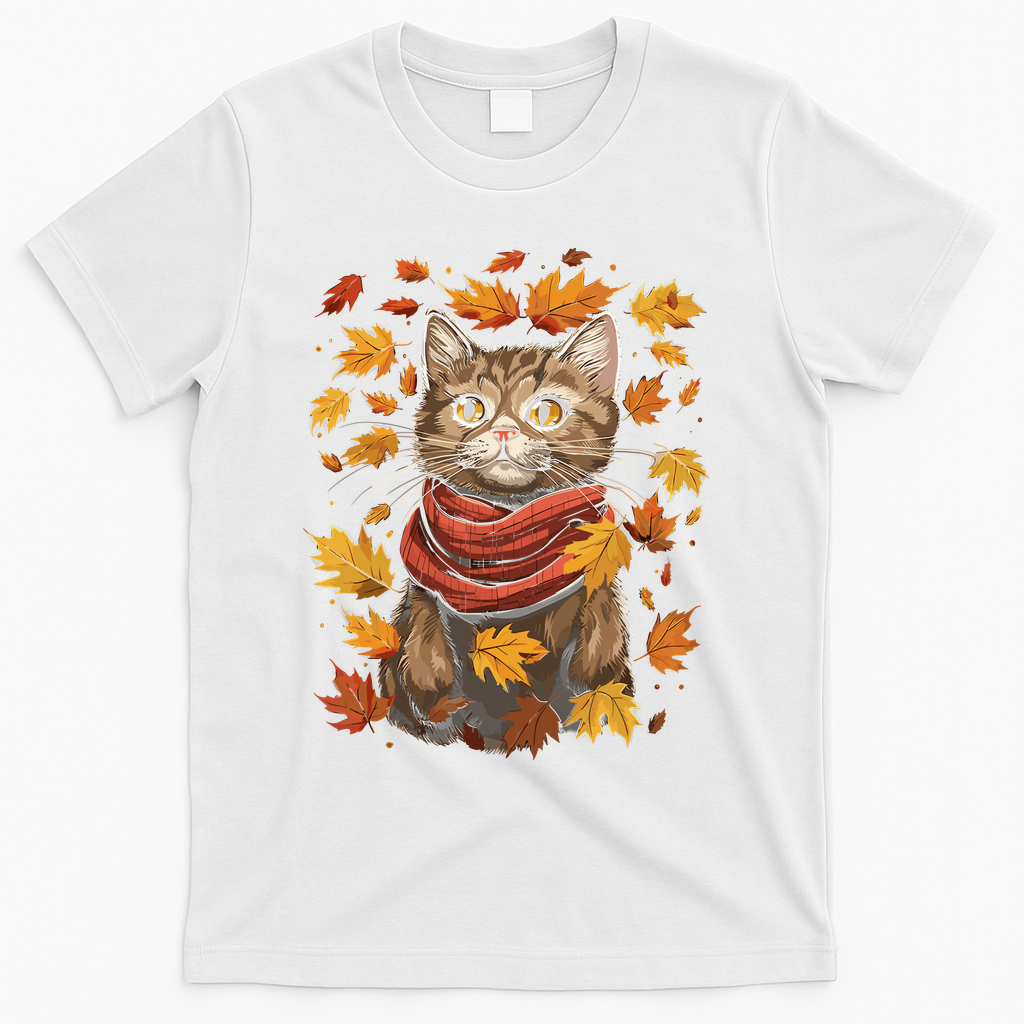 Autumn Themed Cute Cat Fall Breeze Kitten Cat Lover T-Shirt - White