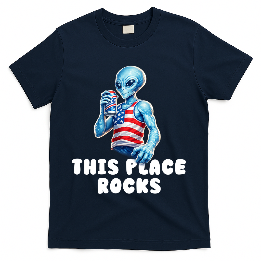 Alien This Place Rocks USA 4th Of July T-Shirt - Navy