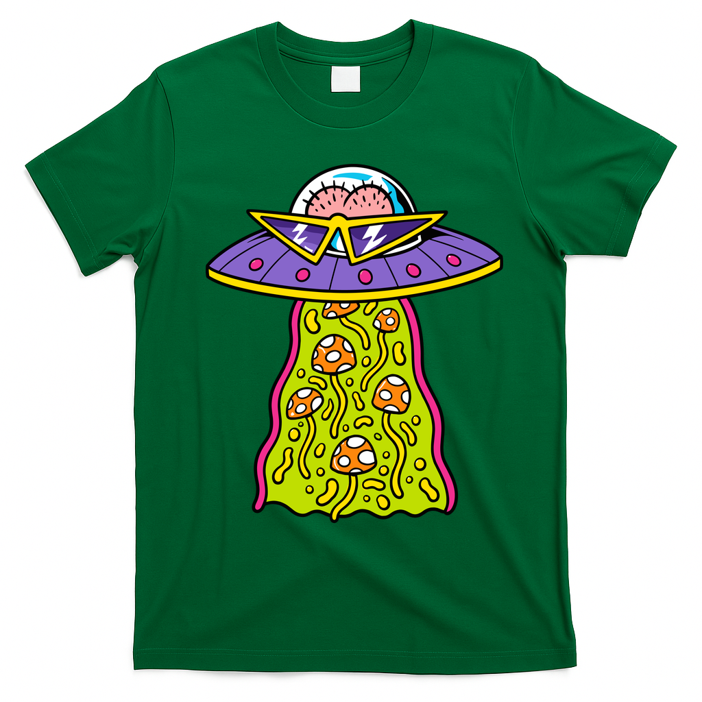 Alien UFO Funky Mushrooms Sci-Fi Fans T-Shirt - Irish Green