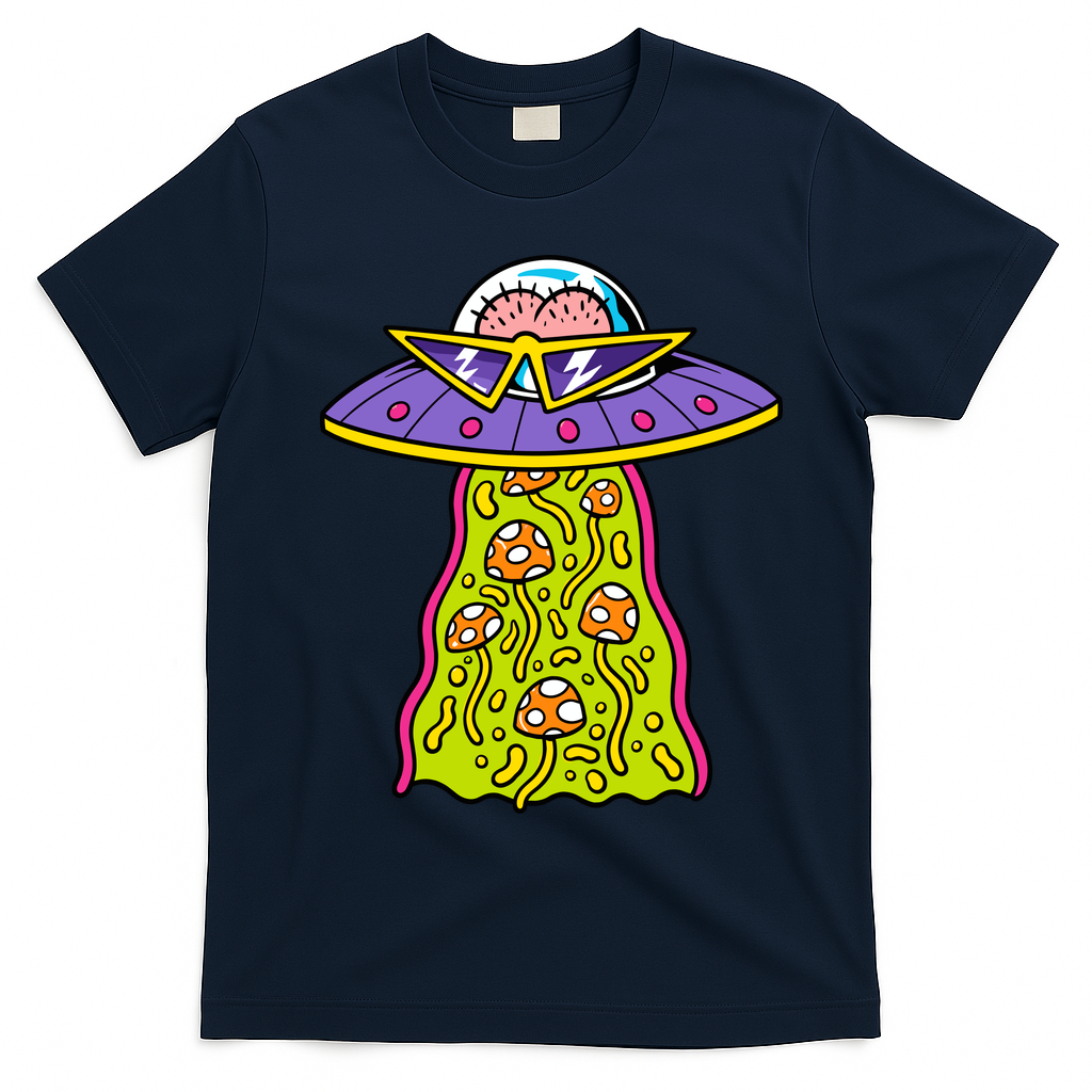 Alien UFO Funky Mushrooms Sci-Fi Fans T-Shirt - Navy Blue