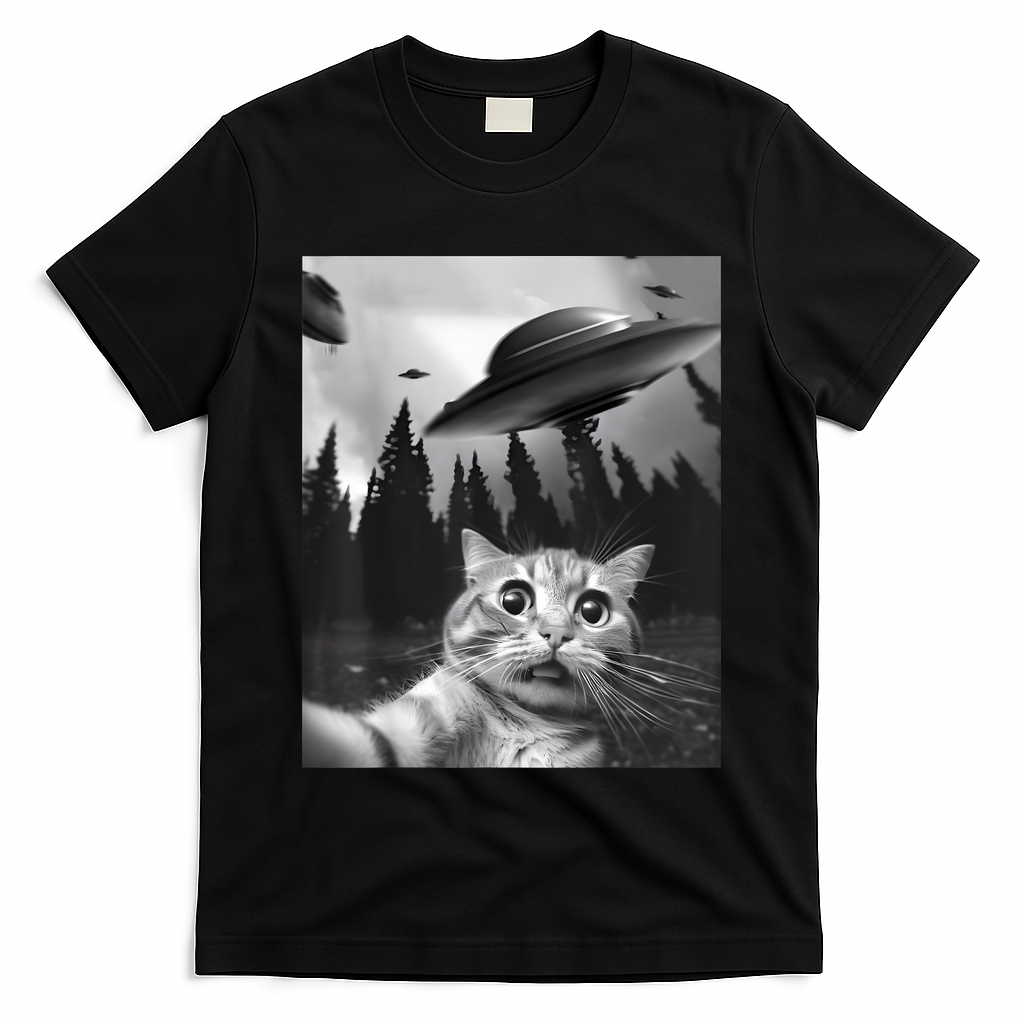Alien UFO Funny Cat Selfie T-Shirt