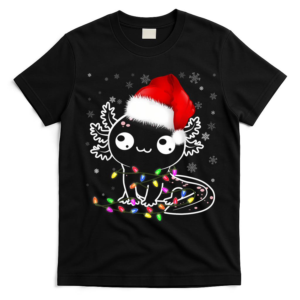 Axolotl Xmas Hat Santa Tree Cute Funny Christmas Pajama T-Shirt - Black