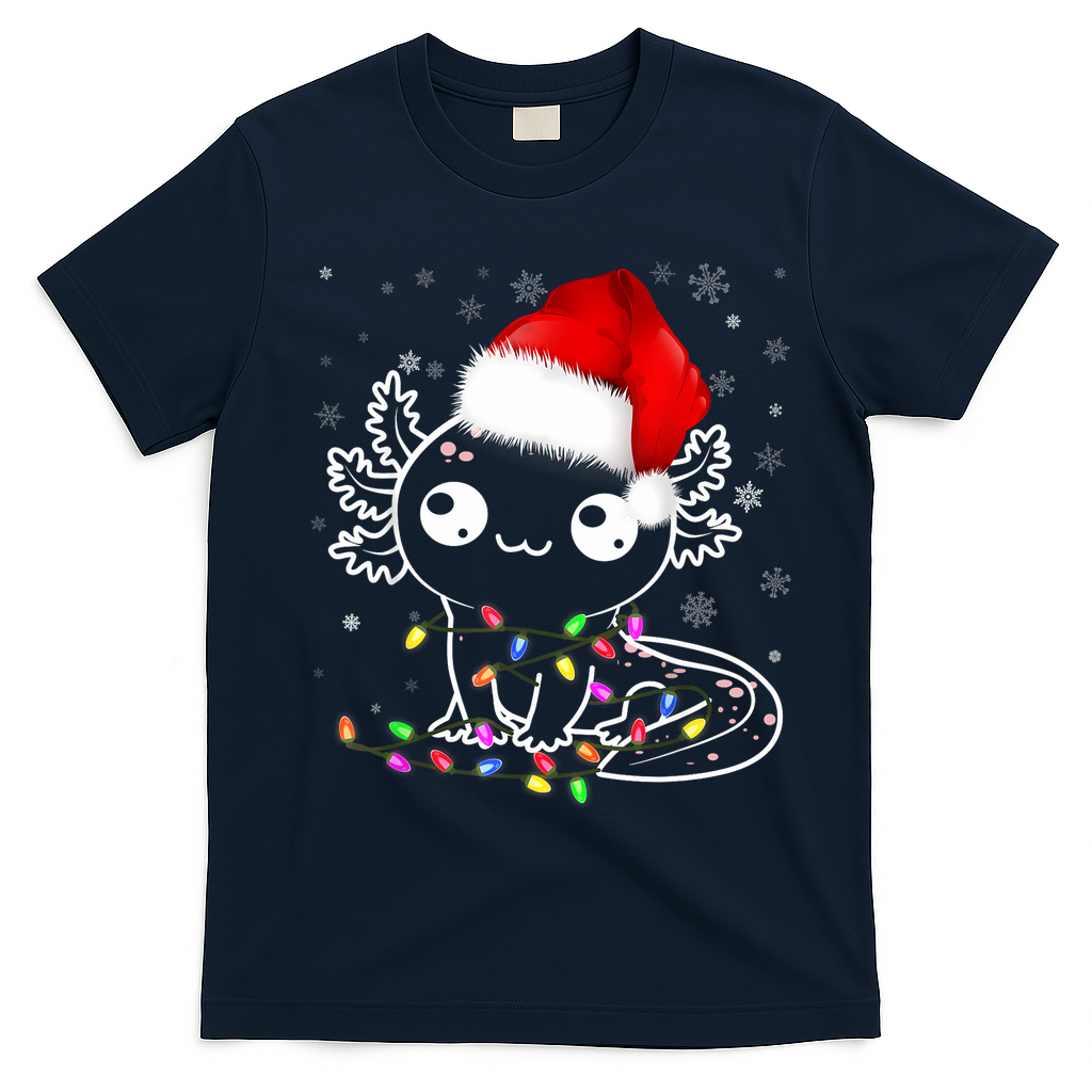 Axolotl Xmas Hat Santa Tree Cute Funny Christmas Pajama T-Shirt - Navy Blue